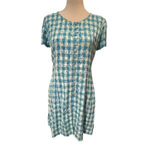 VTG 90s Plaid Checked Mini Dress Prairie Cottage SIZE 2P Blue White USA Floral